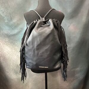 Victorias Secret Black Faux Leather Fringe Drawstring Backpack Gold Logo Bag